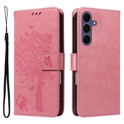 Tree & Cat Embossed Pattern Flip Leather Phone Case, For Galaxy S26 FE 5G, For Galaxy S26+ 5G, For Galaxy S26 Edge 5G, For Galaxy S26 Ultra 5G