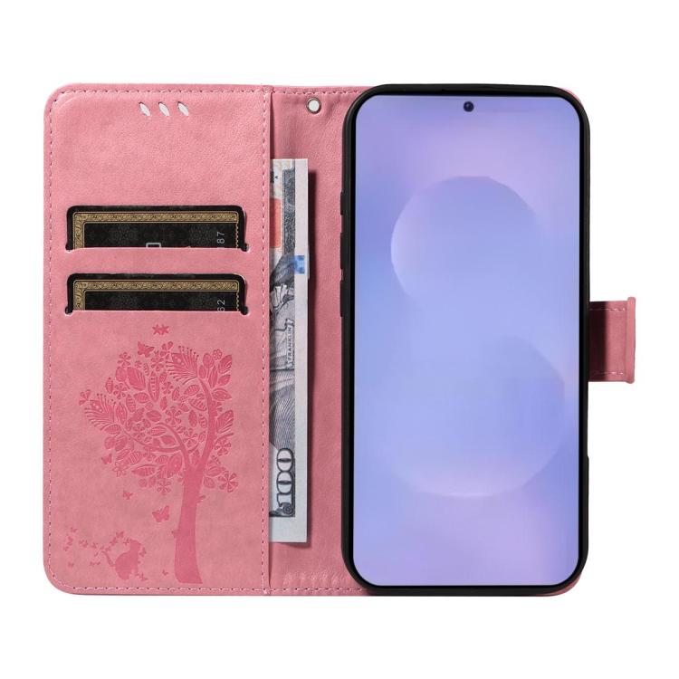 Tree & Cat Embossed Pattern Flip Leather Phone Case, For Galaxy S26 FE 5G, For Galaxy S26+ 5G, For Galaxy S26 Edge 5G, For Galaxy S26 Ultra 5G