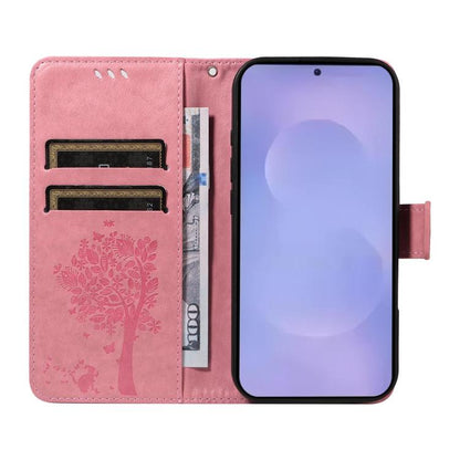 Tree & Cat Embossed Pattern Flip Leather Phone Case, For Galaxy S26 FE 5G, For Galaxy S26+ 5G, For Galaxy S26 Edge 5G, For Galaxy S26 Ultra 5G