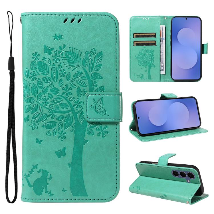 Tree & Cat Embossed Pattern Flip Leather Phone Case, For Galaxy S26 FE 5G, For Galaxy S26+ 5G, For Galaxy S26 Edge 5G, For Galaxy S26 Ultra 5G