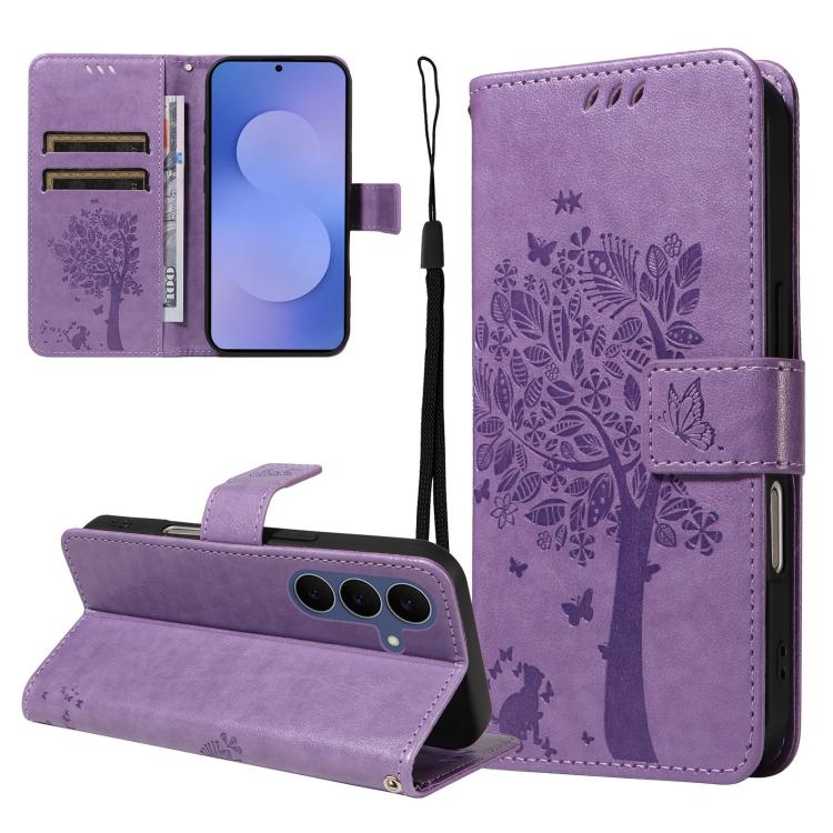 Tree & Cat Embossed Pattern Flip Leather Phone Case, For Galaxy S26 FE 5G, For Galaxy S26+ 5G, For Galaxy S26 Edge 5G, For Galaxy S26 Ultra 5G