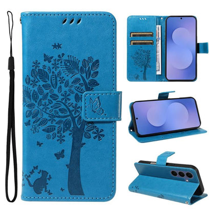 Tree & Cat Embossed Pattern Flip Leather Phone Case, For Galaxy S26 FE 5G, For Galaxy S26+ 5G, For Galaxy S26 Edge 5G, For Galaxy S26 Ultra 5G