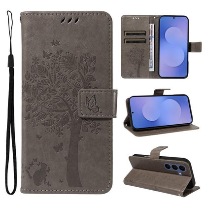 Tree & Cat Embossed Pattern Flip Leather Phone Case, For Galaxy S26 FE 5G, For Galaxy S26+ 5G, For Galaxy S26 Edge 5G, For Galaxy S26 Ultra 5G