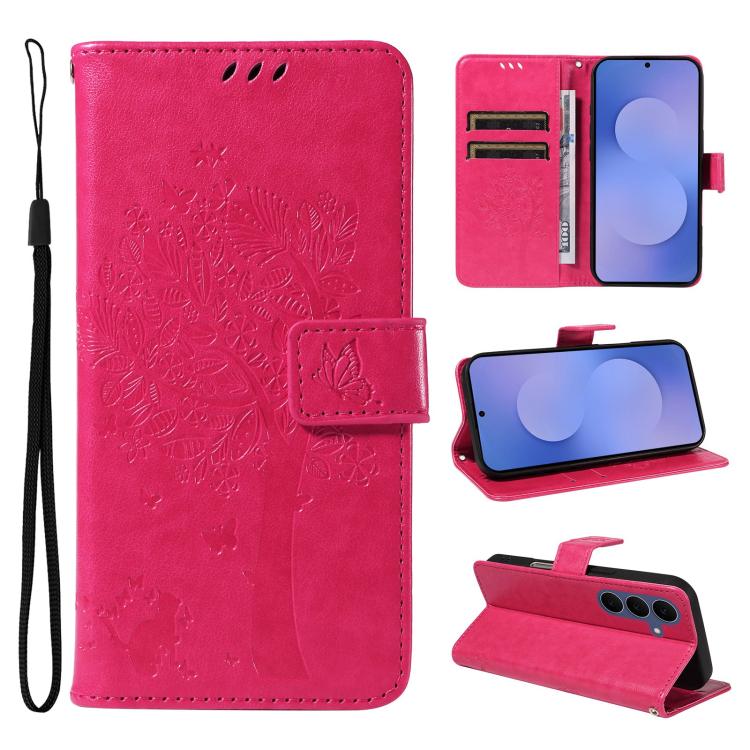 Tree & Cat Embossed Pattern Flip Leather Phone Case, For Galaxy S26 FE 5G, For Galaxy S26+ 5G, For Galaxy S26 Edge 5G, For Galaxy S26 Ultra 5G