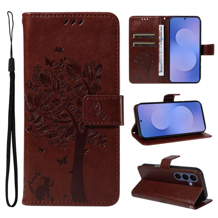 Tree & Cat Embossed Pattern Flip Leather Phone Case, For Galaxy S26 FE 5G, For Galaxy S26+ 5G, For Galaxy S26 Edge 5G, For Galaxy S26 Ultra 5G