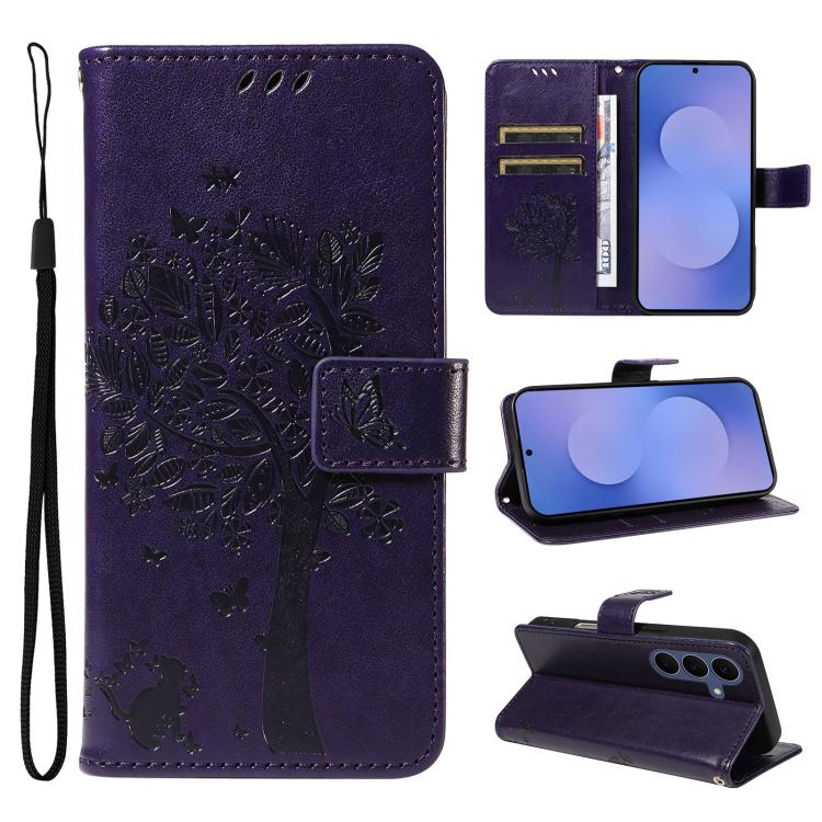 Tree & Cat Embossed Pattern Flip Leather Phone Case, For Galaxy S26 FE 5G, For Galaxy S26+ 5G, For Galaxy S26 Edge 5G, For Galaxy S26 Ultra 5G