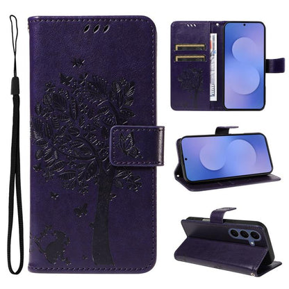 Tree & Cat Embossed Pattern Flip Leather Phone Case, For Galaxy S26 FE 5G, For Galaxy S26+ 5G, For Galaxy S26 Edge 5G, For Galaxy S26 Ultra 5G