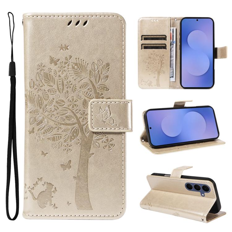 Tree & Cat Embossed Pattern Flip Leather Phone Case, For Galaxy S26 FE 5G, For Galaxy S26+ 5G, For Galaxy S26 Edge 5G, For Galaxy S26 Ultra 5G