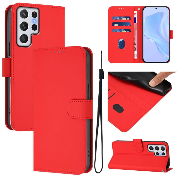 Skin Feel Solid Color Leather Phone Case with Lanyard, For Samsung Galaxy S22 Ultra 5G, For Samsung Galaxy S22+ 5G
