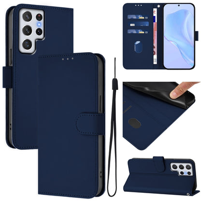 Skin Feel Solid Color Leather Phone Case with Lanyard, For Samsung Galaxy S22 Ultra 5G, For Samsung Galaxy S22+ 5G