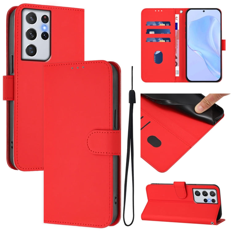 Skin Feel Solid Color Leather Phone Case with Lanyard, For Samsung Galaxy S21 Ultra 5G