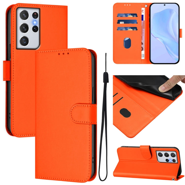 Skin Feel Solid Color Leather Phone Case with Lanyard, For Samsung Galaxy S21 Ultra 5G