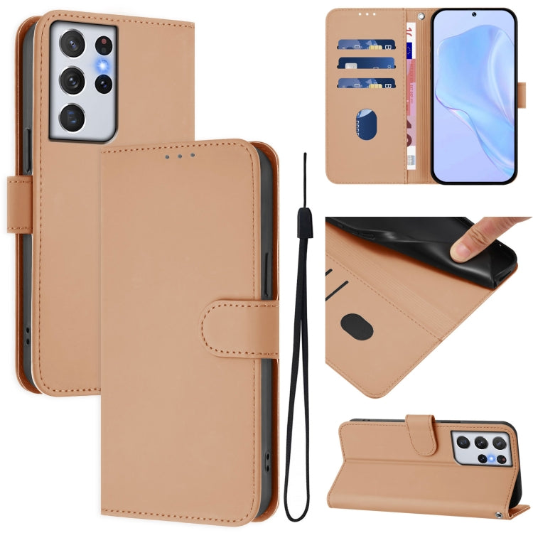 Skin Feel Solid Color Leather Phone Case with Lanyard, For Samsung Galaxy S21 Ultra 5G