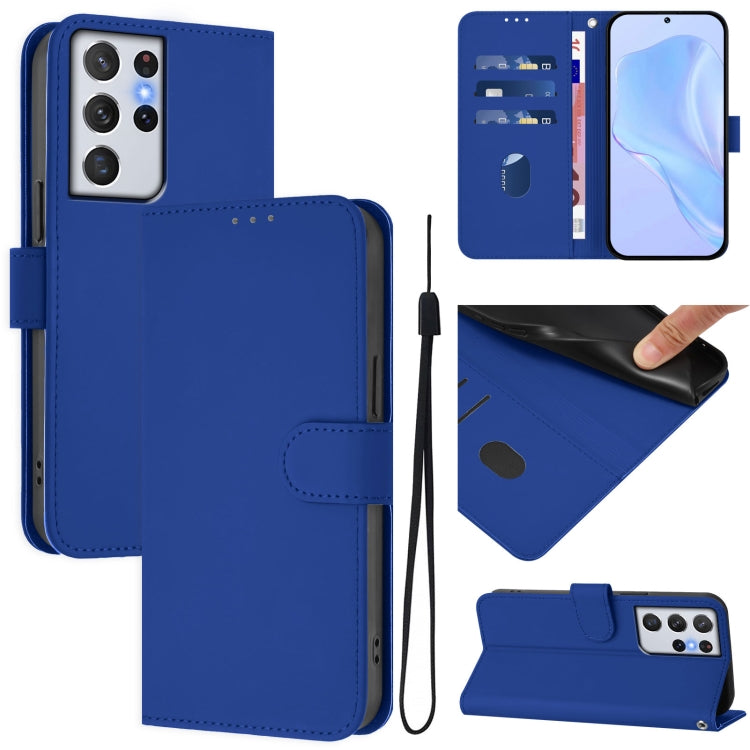 Skin Feel Solid Color Leather Phone Case with Lanyard, For Samsung Galaxy S21 Ultra 5G