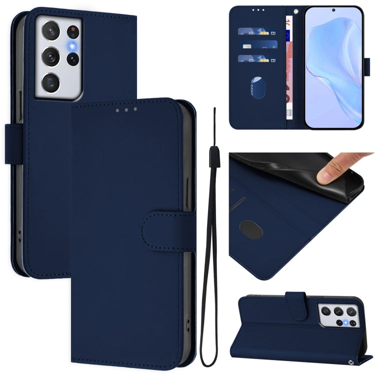 Skin Feel Solid Color Leather Phone Case with Lanyard, For Samsung Galaxy S21 Ultra 5G