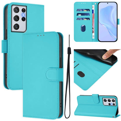 Skin Feel Solid Color Leather Phone Case with Lanyard, For Samsung Galaxy S21 Ultra 5G