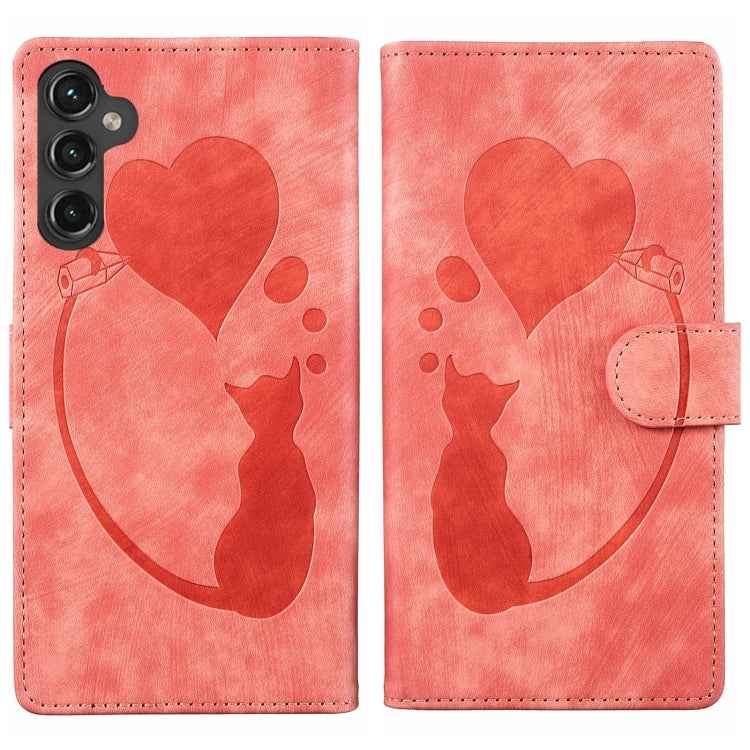 Pen Heart Cat Embossed Leather Phone Case, For Samsung Galaxy S26+ 5G, For Samsung Galaxy S26 Ultra 5G, For Samsung Galaxy S26 5G, For Samsung Galaxy S25 FE 5G, For Samsung Galaxy S25 5G, For Samsung Galaxy S25+ 5G, For Samsung Galaxy S25 Ultra 5G