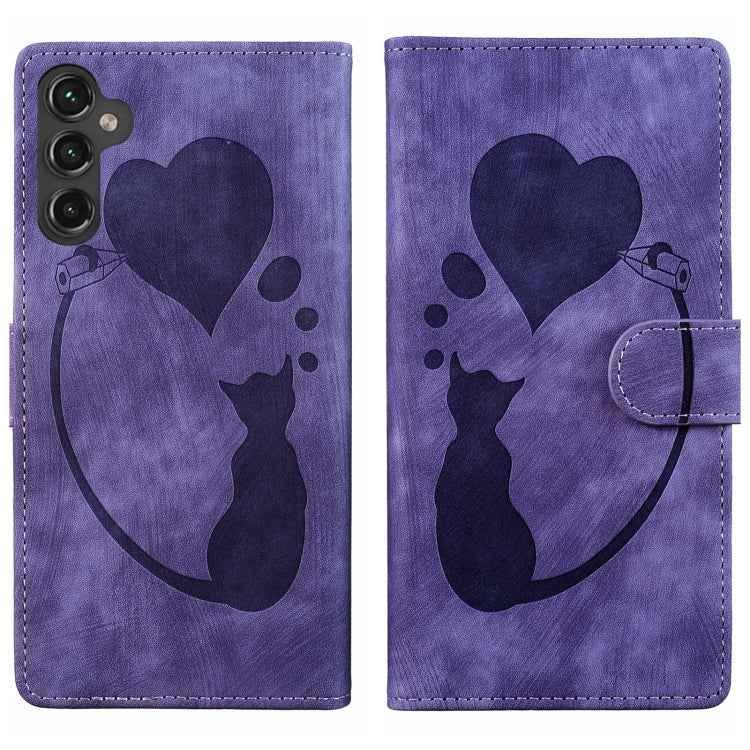 Pen Heart Cat Embossed Leather Phone Case, For Samsung Galaxy S26+ 5G, For Samsung Galaxy S26 Ultra 5G, For Samsung Galaxy S26 5G, For Samsung Galaxy S25 FE 5G, For Samsung Galaxy S25 5G, For Samsung Galaxy S25+ 5G, For Samsung Galaxy S25 Ultra 5G
