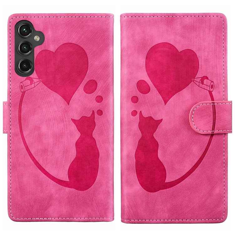Pen Heart Cat Embossed Leather Phone Case, For Samsung Galaxy S26+ 5G, For Samsung Galaxy S26 Ultra 5G, For Samsung Galaxy S26 5G, For Samsung Galaxy S25 FE 5G, For Samsung Galaxy S25 5G, For Samsung Galaxy S25+ 5G, For Samsung Galaxy S25 Ultra 5G