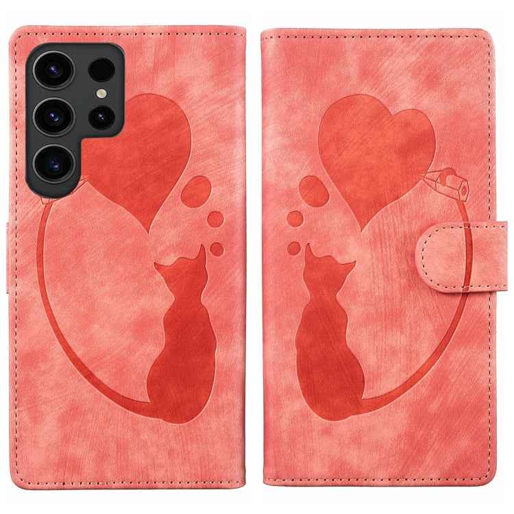 Pen Heart Cat Embossed Leather Phone Case, For Samsung Galaxy S26+ 5G, For Samsung Galaxy S26 Ultra 5G, For Samsung Galaxy S26 5G, For Samsung Galaxy S25 FE 5G, For Samsung Galaxy S25 5G, For Samsung Galaxy S25+ 5G, For Samsung Galaxy S25 Ultra 5G