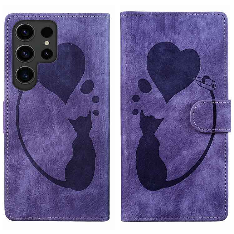 Pen Heart Cat Embossed Leather Phone Case, For Samsung Galaxy S26+ 5G, For Samsung Galaxy S26 Ultra 5G, For Samsung Galaxy S26 5G, For Samsung Galaxy S25 FE 5G, For Samsung Galaxy S25 5G, For Samsung Galaxy S25+ 5G, For Samsung Galaxy S25 Ultra 5G