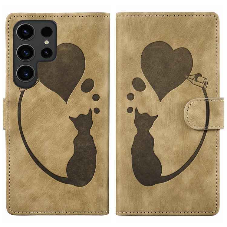 Pen Heart Cat Embossed Leather Phone Case, For Samsung Galaxy S26+ 5G, For Samsung Galaxy S26 Ultra 5G, For Samsung Galaxy S26 5G, For Samsung Galaxy S25 FE 5G, For Samsung Galaxy S25 5G, For Samsung Galaxy S25+ 5G, For Samsung Galaxy S25 Ultra 5G