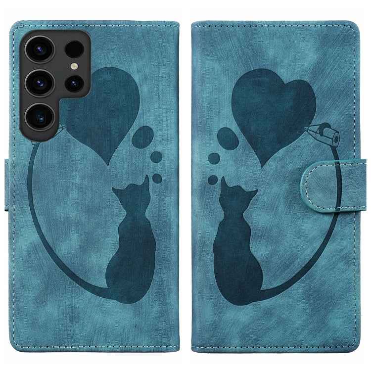 Pen Heart Cat Embossed Leather Phone Case, For Samsung Galaxy S26+ 5G, For Samsung Galaxy S26 Ultra 5G, For Samsung Galaxy S26 5G, For Samsung Galaxy S25 FE 5G, For Samsung Galaxy S25 5G, For Samsung Galaxy S25+ 5G, For Samsung Galaxy S25 Ultra 5G