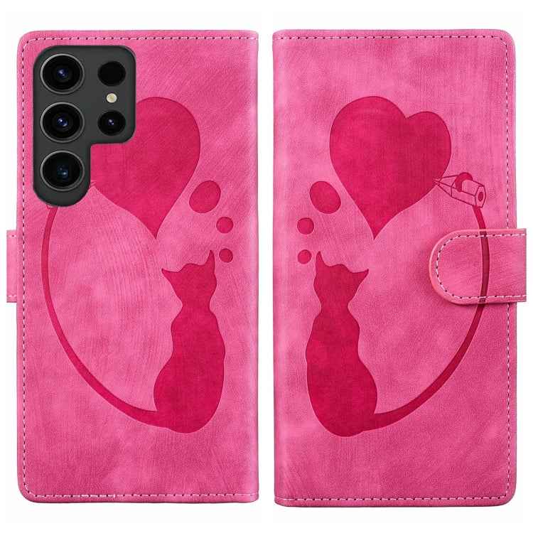 Pen Heart Cat Embossed Leather Phone Case, For Samsung Galaxy S26+ 5G, For Samsung Galaxy S26 Ultra 5G, For Samsung Galaxy S26 5G, For Samsung Galaxy S25 FE 5G, For Samsung Galaxy S25 5G, For Samsung Galaxy S25+ 5G, For Samsung Galaxy S25 Ultra 5G