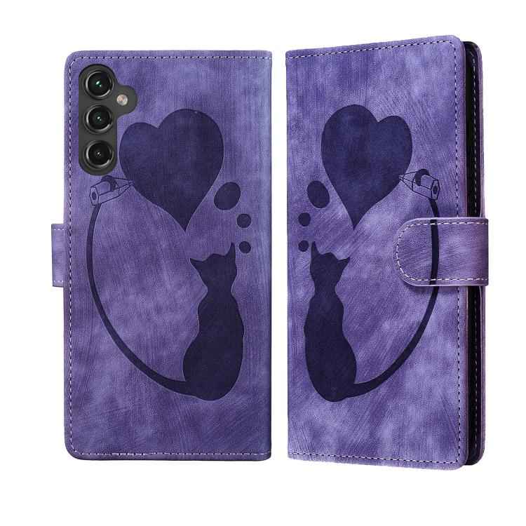Pen Heart Cat Embossed Leather Phone Case, For Samsung Galaxy S26+ 5G, For Samsung Galaxy S26 Ultra 5G, For Samsung Galaxy S26 5G, For Samsung Galaxy S25 FE 5G, For Samsung Galaxy S25 5G, For Samsung Galaxy S25+ 5G, For Samsung Galaxy S25 Ultra 5G