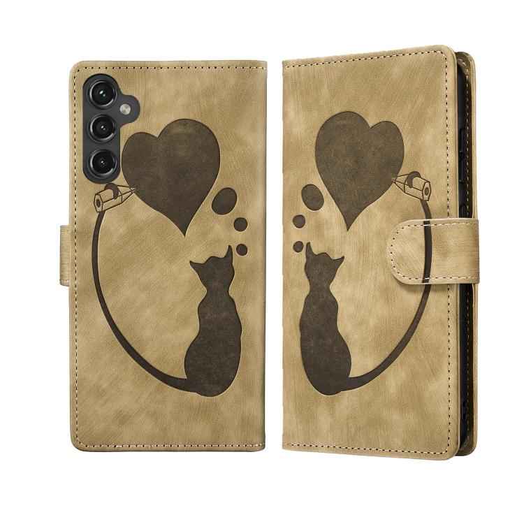 Pen Heart Cat Embossed Leather Phone Case, For Samsung Galaxy S26+ 5G, For Samsung Galaxy S26 Ultra 5G, For Samsung Galaxy S26 5G, For Samsung Galaxy S25 FE 5G, For Samsung Galaxy S25 5G, For Samsung Galaxy S25+ 5G, For Samsung Galaxy S25 Ultra 5G