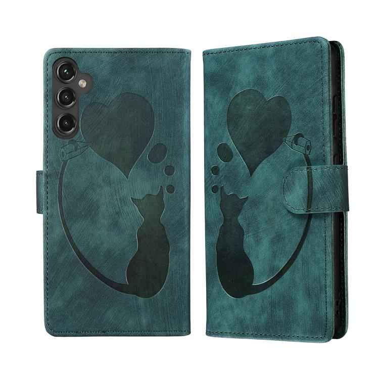 Pen Heart Cat Embossed Leather Phone Case, For Samsung Galaxy S26+ 5G, For Samsung Galaxy S26 Ultra 5G, For Samsung Galaxy S26 5G, For Samsung Galaxy S25 FE 5G, For Samsung Galaxy S25 5G, For Samsung Galaxy S25+ 5G, For Samsung Galaxy S25 Ultra 5G