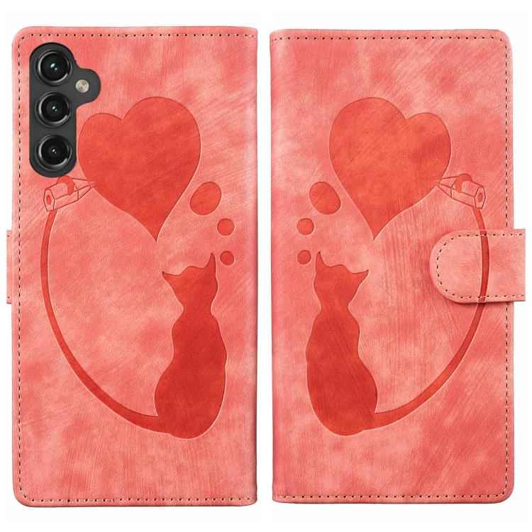 Pen Heart Cat Embossed Leather Phone Case, For Samsung Galaxy S26+ 5G, For Samsung Galaxy S26 Ultra 5G, For Samsung Galaxy S26 5G, For Samsung Galaxy S25 FE 5G, For Samsung Galaxy S25 5G, For Samsung Galaxy S25+ 5G, For Samsung Galaxy S25 Ultra 5G