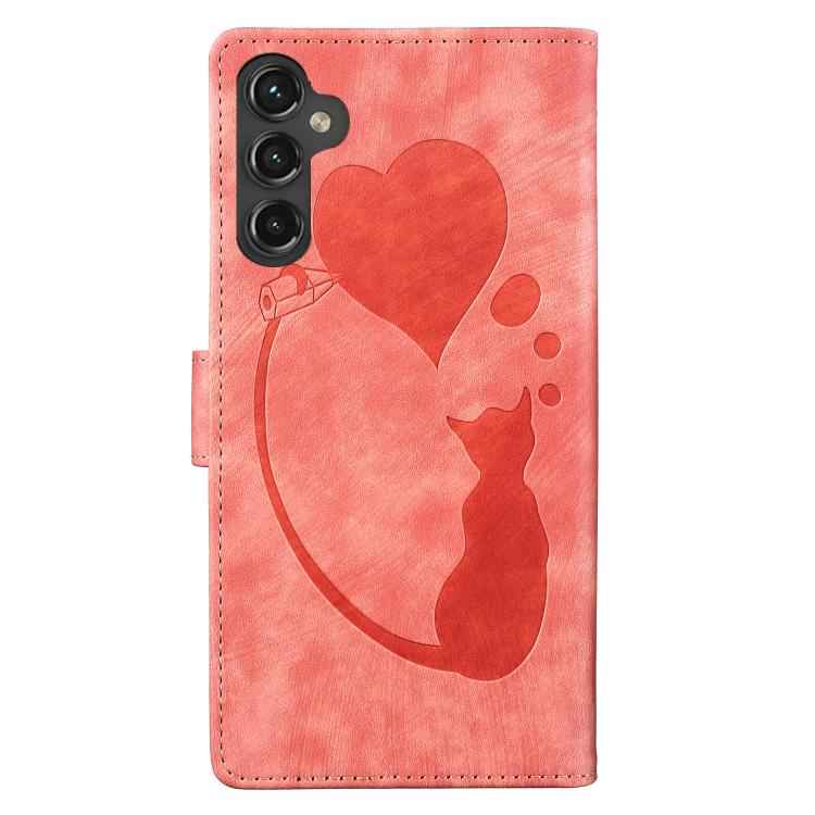 Pen Heart Cat Embossed Leather Phone Case, For Samsung Galaxy S26+ 5G, For Samsung Galaxy S26 Ultra 5G, For Samsung Galaxy S26 5G, For Samsung Galaxy S25 FE 5G, For Samsung Galaxy S25 5G, For Samsung Galaxy S25+ 5G, For Samsung Galaxy S25 Ultra 5G