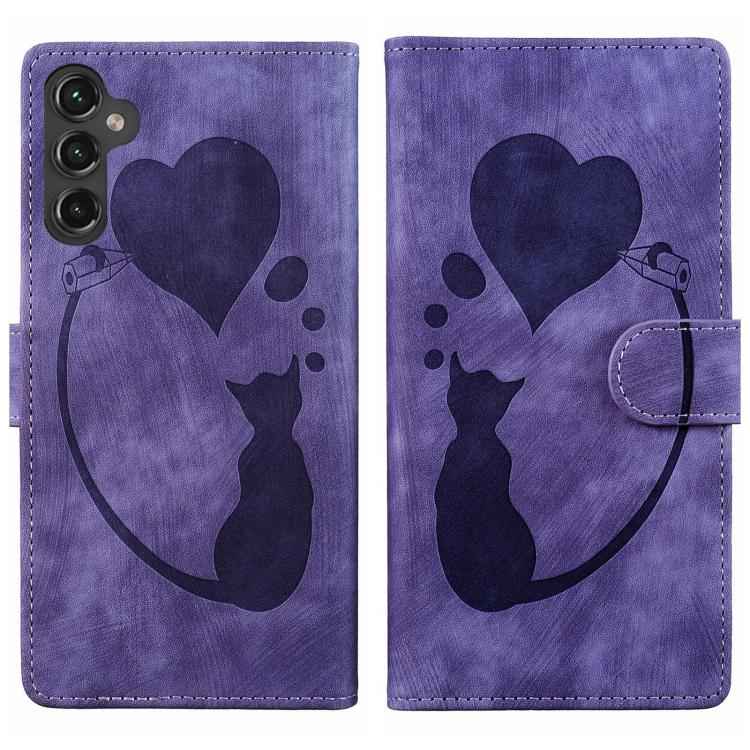 Pen Heart Cat Embossed Leather Phone Case, For Samsung Galaxy S26+ 5G, For Samsung Galaxy S26 Ultra 5G, For Samsung Galaxy S26 5G, For Samsung Galaxy S25 FE 5G, For Samsung Galaxy S25 5G, For Samsung Galaxy S25+ 5G, For Samsung Galaxy S25 Ultra 5G