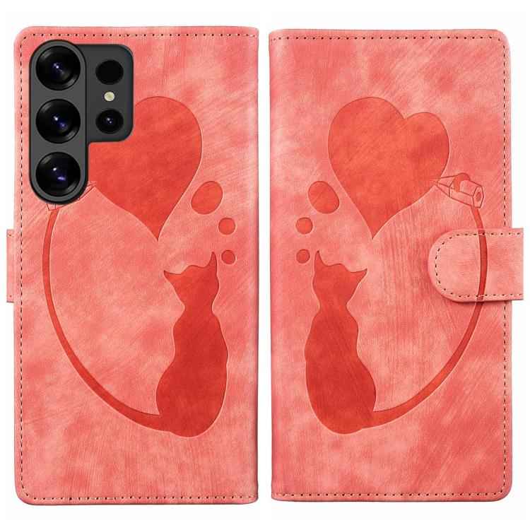 Pen Heart Cat Embossed Leather Phone Case, For Samsung Galaxy S26+ 5G, For Samsung Galaxy S26 Ultra 5G, For Samsung Galaxy S26 5G, For Samsung Galaxy S25 FE 5G, For Samsung Galaxy S25 5G, For Samsung Galaxy S25+ 5G, For Samsung Galaxy S25 Ultra 5G