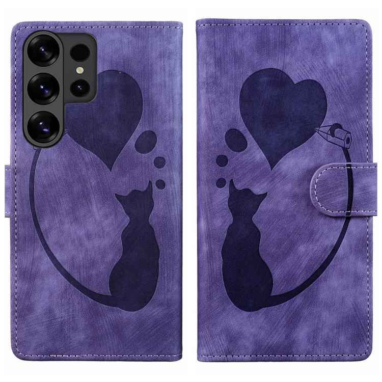 Pen Heart Cat Embossed Leather Phone Case, For Samsung Galaxy S26+ 5G, For Samsung Galaxy S26 Ultra 5G, For Samsung Galaxy S26 5G, For Samsung Galaxy S25 FE 5G, For Samsung Galaxy S25 5G, For Samsung Galaxy S25+ 5G, For Samsung Galaxy S25 Ultra 5G
