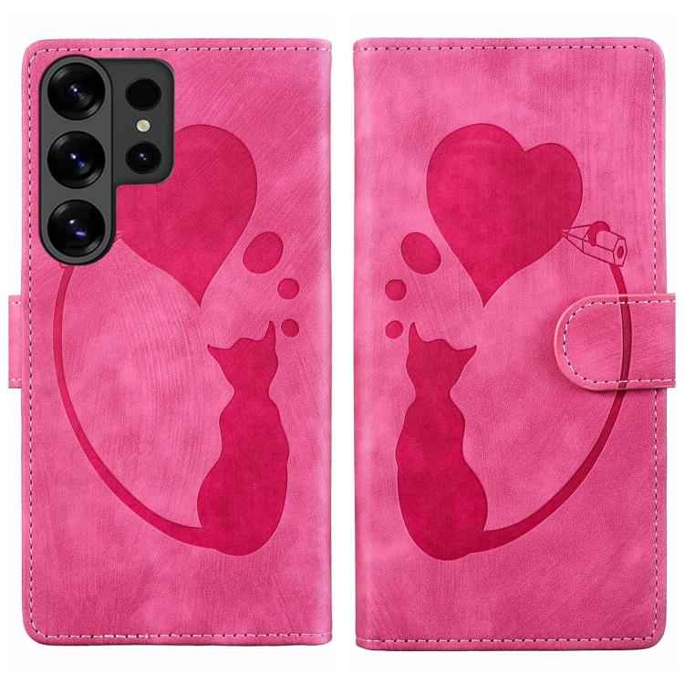 Pen Heart Cat Embossed Leather Phone Case, For Samsung Galaxy S26+ 5G, For Samsung Galaxy S26 Ultra 5G, For Samsung Galaxy S26 5G, For Samsung Galaxy S25 FE 5G, For Samsung Galaxy S25 5G, For Samsung Galaxy S25+ 5G, For Samsung Galaxy S25 Ultra 5G