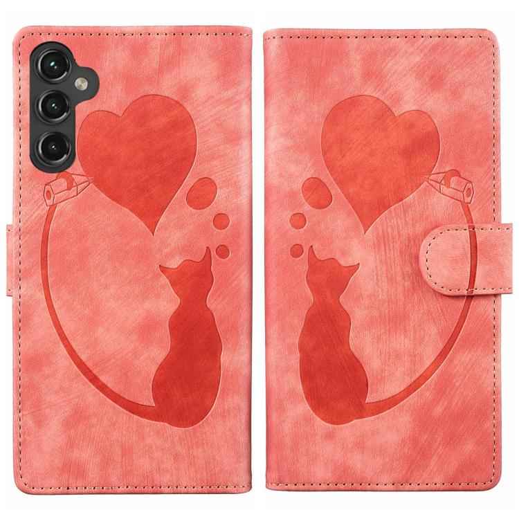 Pen Heart Cat Embossed Leather Phone Case, For Samsung Galaxy S26+ 5G, For Samsung Galaxy S26 Ultra 5G, For Samsung Galaxy S26 5G, For Samsung Galaxy S25 FE 5G, For Samsung Galaxy S25 5G, For Samsung Galaxy S25+ 5G, For Samsung Galaxy S25 Ultra 5G