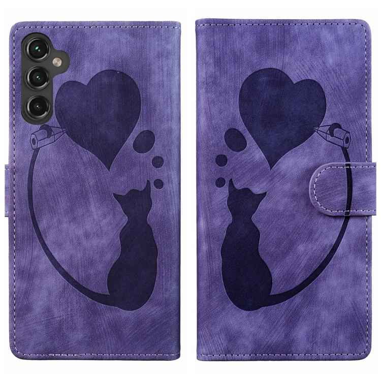 Pen Heart Cat Embossed Leather Phone Case, For Samsung Galaxy S26+ 5G, For Samsung Galaxy S26 Ultra 5G, For Samsung Galaxy S26 5G, For Samsung Galaxy S25 FE 5G, For Samsung Galaxy S25 5G, For Samsung Galaxy S25+ 5G, For Samsung Galaxy S25 Ultra 5G