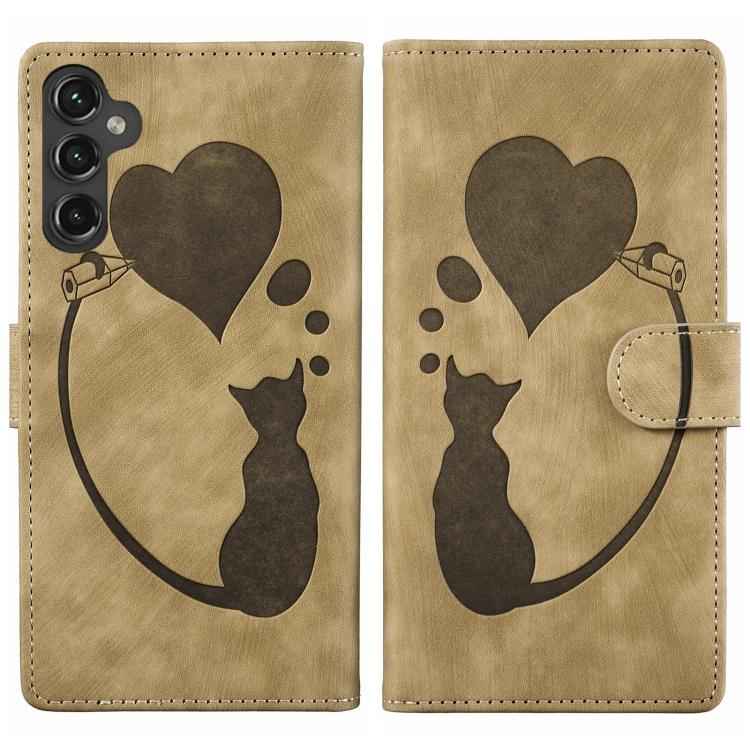 Pen Heart Cat Embossed Leather Phone Case, For Samsung Galaxy S26+ 5G, For Samsung Galaxy S26 Ultra 5G, For Samsung Galaxy S26 5G, For Samsung Galaxy S25 FE 5G, For Samsung Galaxy S25 5G, For Samsung Galaxy S25+ 5G, For Samsung Galaxy S25 Ultra 5G