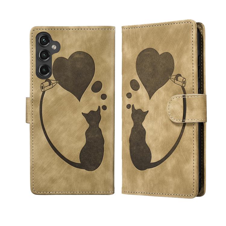 Pen Heart Cat Embossed Leather Phone Case, For Galaxy S26 FE 5G, For Samsung Galaxy S26+ 5G, For Samsung Galaxy S26 Ultra 5G, For Samsung Galaxy S26 5G, For Samsung Galaxy S25 FE 5G, For Samsung Galaxy S25 5G, For Samsung Galaxy S25+ 5G                ...