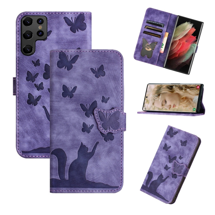 Butterfly Cat Embossing Flip Leather Phone Case, For Samsung Galaxy S26+ 5G, For Samsung Galaxy S26 Edge 5G, For Samsung Galaxy S26 Ultra 5G, For Samsung Galaxy S26 5G, For Samsung Galaxy S25 FE 5G, For Samsung Galaxy S25 5G, For Samsung Galaxy S25+ 5G...