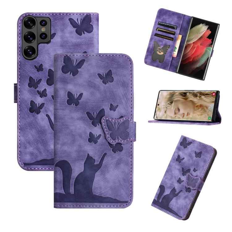Butterfly Cat Embossing Flip Leather Phone Case, For Samsung Galaxy S26+ 5G, For Samsung Galaxy S26 Edge 5G, For Samsung Galaxy S26 Ultra 5G, For Samsung Galaxy S26 5G, For Samsung Galaxy S25 FE 5G, For Samsung Galaxy S25 5G, For Samsung Galaxy S25+ 5G...