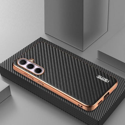 AZNS Electroplated Edge Carbon Fiber Texture Phone Case, For Galaxy S26 FE 5G, For Samsung Galaxy S26+ 5G, For Samsung Galaxy S26 Ultra 5G, For Samsung Galaxy S26 5G, For Samsung Galaxy S25 Edge 5G, For Samsung Galaxy S25 5G, For Samsung Galaxy S25+ 5G...