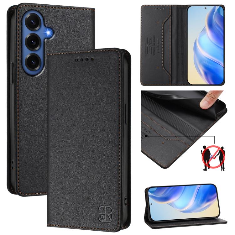 RC01 Dual-Folded Magnetic Suction RFID Leather Phone Case, For Samsung Galaxy S26+ 5G, For Samsung Galaxy S26 Edge 5G, For Samsung Galaxy S26 Ultra 5G, For Samsung Galaxy S26 5G, For Samsung Galaxy S25 Edge 5G, For Samsung Galaxy S24 / S25 5G