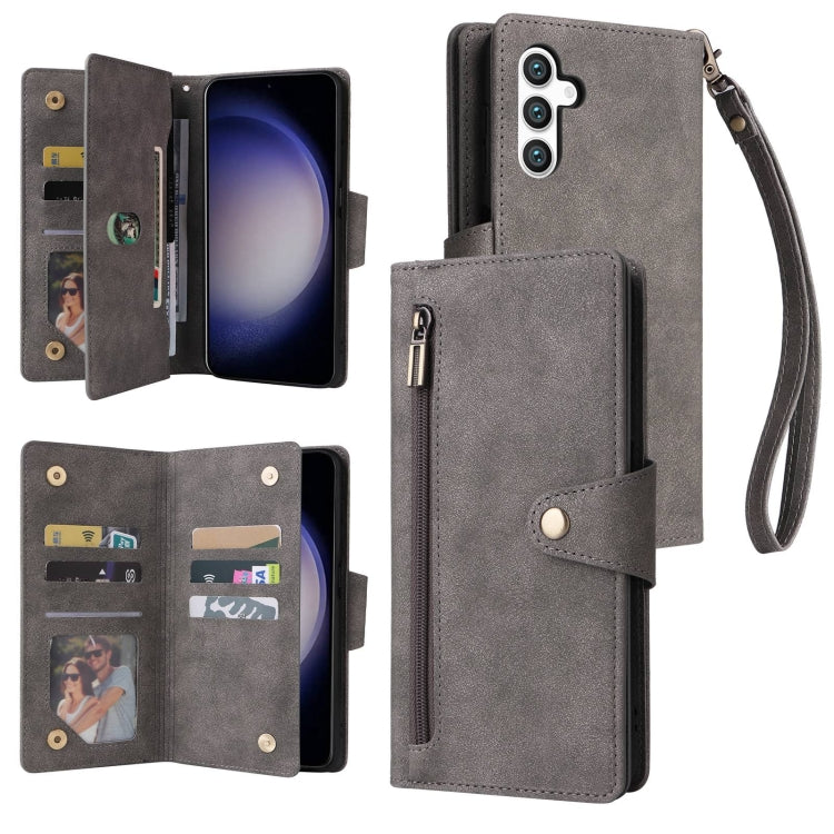 Rivet Buckle 9 Cards Three Fold Leather Phone Case, For Samsung Galaxy S26+ 5G, For Samsung Galaxy S26 Ultra 5G, For Samsung Galaxy S26 5G, For Samsung Galaxy S25 FE 5G, For Samsung Galaxy S25 Edge 5G, For Samsung Galaxy S25 5G, For Samsung Galaxy S25+...