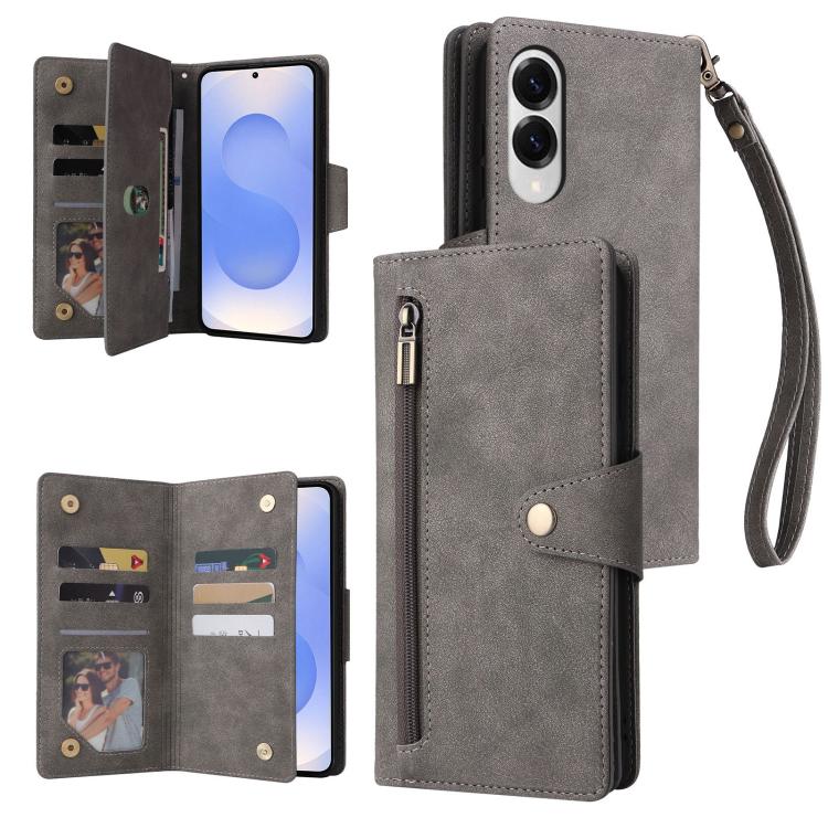 Rivet Buckle 9 Cards Three Fold Leather Phone Case, For Samsung Galaxy S26+ 5G, For Samsung Galaxy S26 Ultra 5G, For Samsung Galaxy S26 5G, For Samsung Galaxy S25 FE 5G, For Samsung Galaxy S25 Edge 5G, For Samsung Galaxy S25 5G, For Samsung Galaxy S25+...