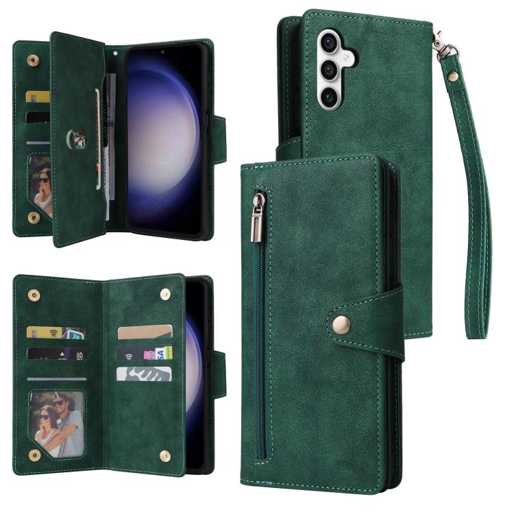 Rivet Buckle 9 Cards Three Fold Leather Phone Case, For Samsung Galaxy S26+ 5G, For Samsung Galaxy S26 Ultra 5G, For Samsung Galaxy S26 5G, For Samsung Galaxy S25 FE 5G, For Samsung Galaxy S25 Edge 5G, For Samsung Galaxy S25 5G, For Samsung Galaxy S25+...