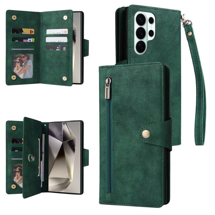 Rivet Buckle 9 Cards Three Fold Leather Phone Case, For Samsung Galaxy S26+ 5G, For Samsung Galaxy S26 Ultra 5G, For Samsung Galaxy S26 5G, For Samsung Galaxy S25 FE 5G, For Samsung Galaxy S25 Edge 5G, For Samsung Galaxy S25 5G, For Samsung Galaxy S25+...
