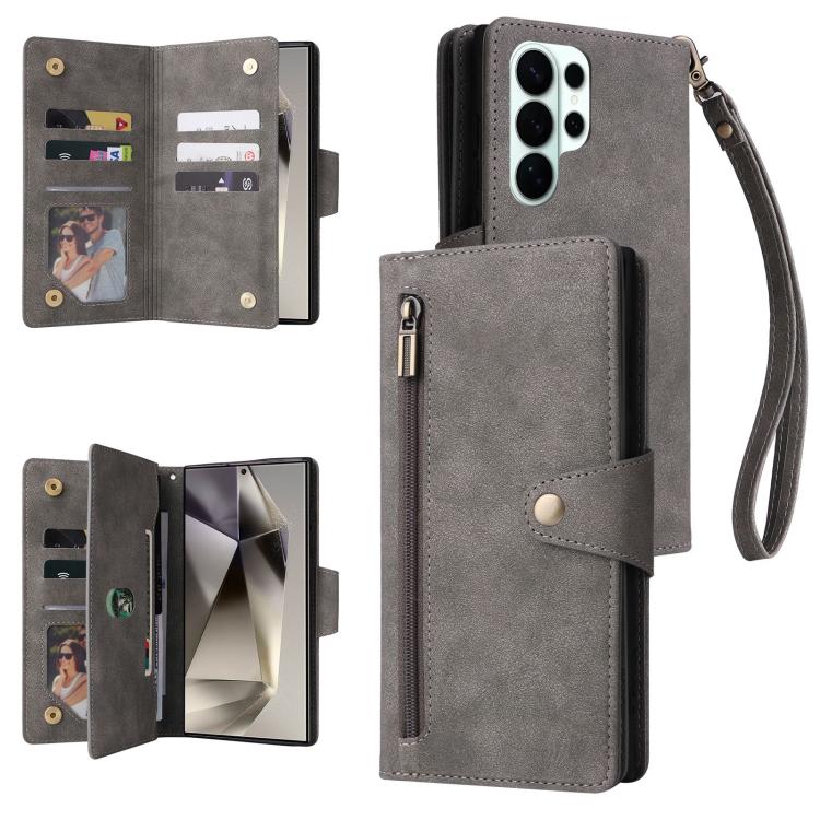 Rivet Buckle 9 Cards Three Fold Leather Phone Case, For Samsung Galaxy S26+ 5G, For Samsung Galaxy S26 Ultra 5G, For Samsung Galaxy S26 5G, For Samsung Galaxy S25 FE 5G, For Samsung Galaxy S25 Edge 5G, For Samsung Galaxy S25 5G, For Samsung Galaxy S25+...